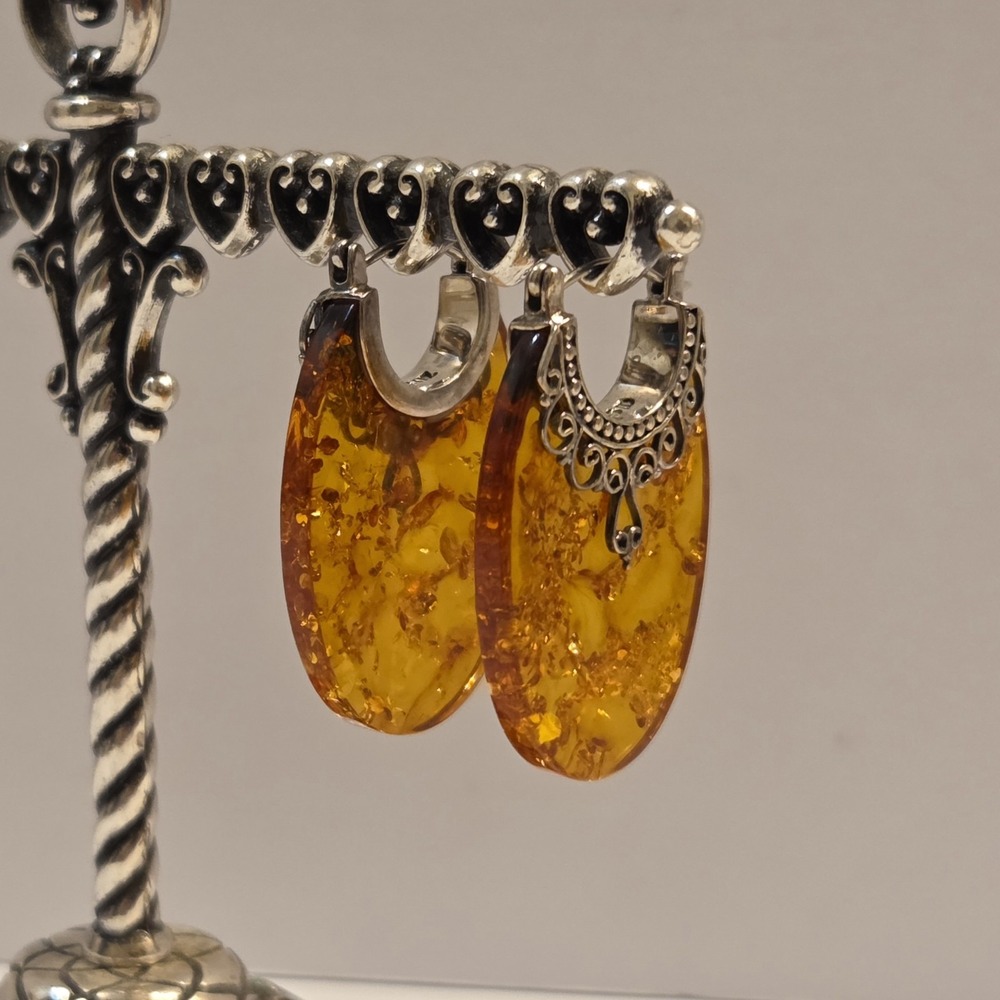 Vintage Ornate Sterling Silver Cognac Baltic Amber Colored Dangle Hoop Earrings
